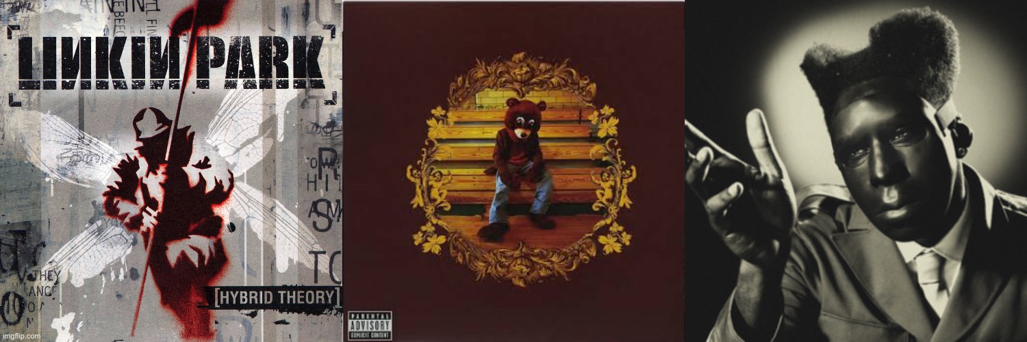 image tagged in linkin park hybrid theory,the college dropout,chromakopia | made w/ Imgflip meme maker