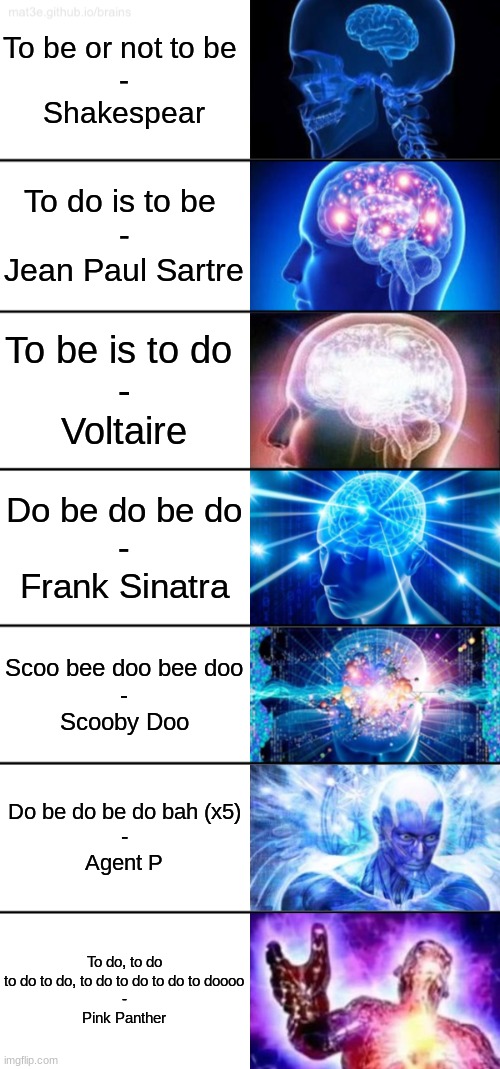 7-Tier Expanding Brain | To be or not to be 
-
Shakespear; To do is to be 
-
Jean Paul Sartre; To be is to do 
-
Voltaire; Do be do be do
-
Frank Sinatra; Scoo bee doo bee doo
-
Scooby Doo; Do be do be do bah (x5)
-
Agent P; To do, to do to do to do, to do to do to do to doooo
-
Pink Panther | image tagged in 7-tier expanding brain | made w/ Imgflip meme maker