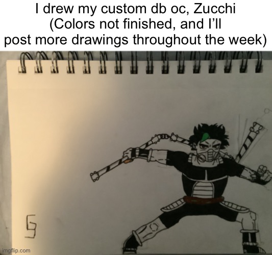 I can’t add more images, it’s bugging | I drew my custom db oc, Zucchi
(Colors not finished, and I’ll post more drawings throughout the week) | image tagged in custom,dbz,drawing,anime | made w/ Imgflip meme maker