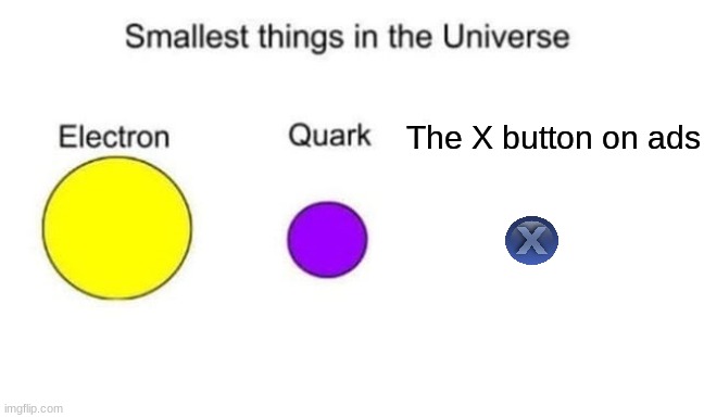 Not only that, but sometimes they would put in a fake X button which is even worse. | The X button on ads | image tagged in smallest things in the universe | made w/ Imgflip meme maker