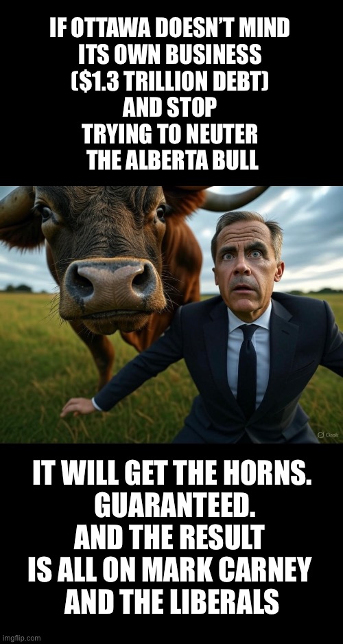 ??CanadaRising?? | IF OTTAWA DOESN’T MIND 
ITS OWN BUSINESS 
($1.3 TRILLION DEBT) 
AND STOP 
TRYING TO NEUTER 
THE ALBERTA BULL; IT WILL GET THE HORNS.
 GUARANTEED.
AND THE RESULT 
IS ALL ON MARK CARNEY 
AND THE LIBERALS | image tagged in canadian politics | made w/ Imgflip meme maker