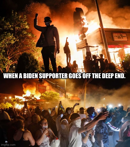 WHEN A BIDEN SUPPORTER GOES OFF THE DEEP END. | image tagged in blm riots,riotersnodistancing | made w/ Imgflip meme maker