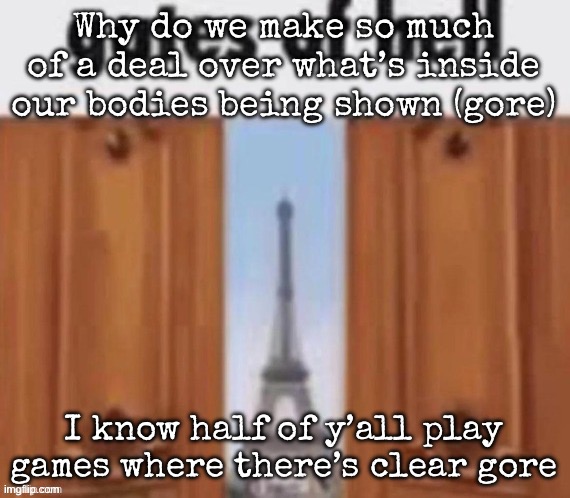 I understand, liking it is weird, but c’mon it isn’t porn | Why do we make so much of a deal over what’s inside our bodies being shown (gore); I know half of y’all play games where there’s clear gore | image tagged in the gates of hell,msmg | made w/ Imgflip meme maker