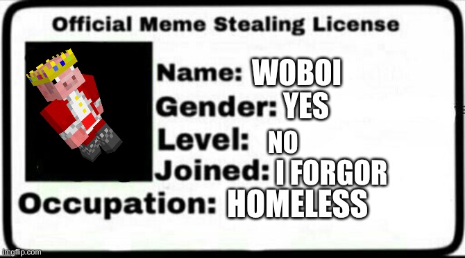 Meme Stealing License | WOBOI; YES; NO; I FORGOR; HOMELESS | image tagged in meme stealing license | made w/ Imgflip meme maker