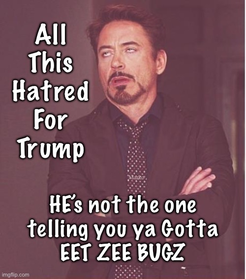 YOU think eating bugs is the way?   YOU eat ‘em. | All
This
Hatred
For
Trump; Marko; HE’s not the one
telling you ya Gotta
EET ZEE BUGZ | image tagged in memes,face you make robert downey jr,lefty is wack,whatever they say is bullshit,progressives fjb voters kissmyass | made w/ Imgflip meme maker