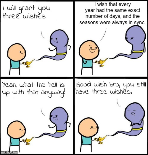 That honestly would lowkey make life a lot easier... | I wish that every year had the same exact number of days, and the seasons were always in sync. | image tagged in 3 wishes | made w/ Imgflip meme maker