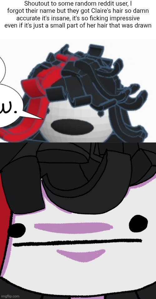 Shoutout to some random reddit user, I forgot their name but they got Claire's hair so damn accurate it's insane, it's so ficking impressive even if it's just a small part of her hair that was drawn | made w/ Imgflip meme maker