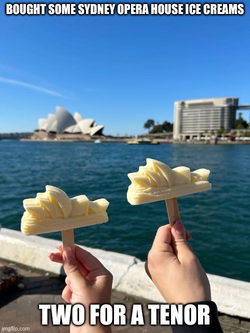 Tenors love ice cream | BOUGHT SOME SYDNEY OPERA HOUSE ICE CREAMS; TWO FOR A TENOR | image tagged in ice cream,tenor,opera,bad pun,singing | made w/ Imgflip meme maker