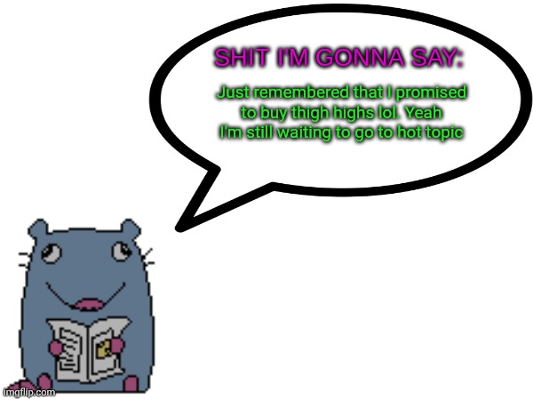 I think my mom would kill me if she saw me with thigh highs | Just remembered that I promised to buy thigh highs lol. Yeah I'm still waiting to go to hot topic | image tagged in street_rat announcement v1 | made w/ Imgflip meme maker