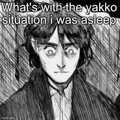 Thousand yard stare Raskolnikov | What's with the yakko situation i was asleep | image tagged in thousand yard stare raskolnikov | made w/ Imgflip meme maker