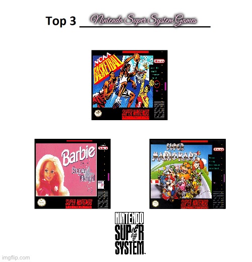 Brandon's Top 3 NSS Games | Nintendo Super System Games | image tagged in top 3,nintendo,barbie,arcade,ncaa,super mario | made w/ Imgflip meme maker