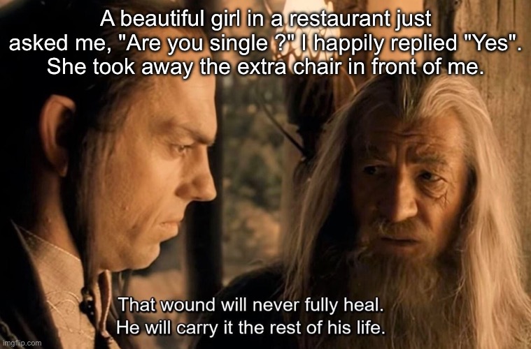 Forever single | A beautiful girl in a restaurant just asked me, "Are you single ?" I happily replied "Yes".
She took away the extra chair in front of me. | image tagged in that wound will never fully heal,hurt,beautiful girl,single,forever alone | made w/ Imgflip meme maker