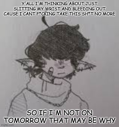 gn y'all to all my goobers I love you and I'm sorry </333 | Y'ALL I'M THINKING ABOUT JUST SLITTING MY WRIST AND BLEEDING OUT CAUSE I CANT F*CKING TAKE THIS SH*T NO MORE; SO IF I'M NOT ON TOMORROW THAT MAY BE WHY | image tagged in alt | made w/ Imgflip meme maker