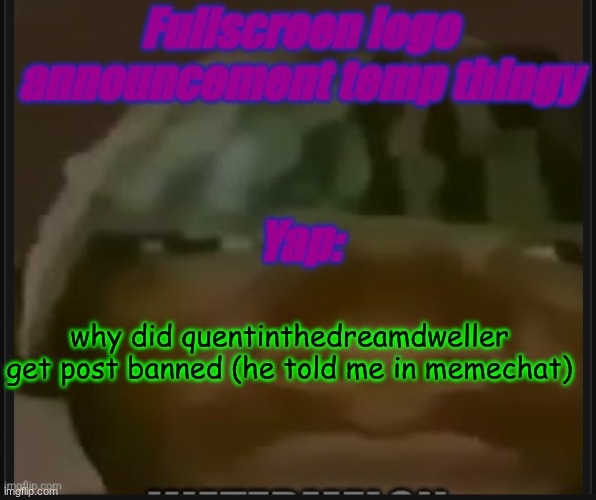 Fullscreen logo announcement temp | why did quentinthedreamdweller get post banned (he told me in memechat) | image tagged in fullscreen logo announcement temp | made w/ Imgflip meme maker