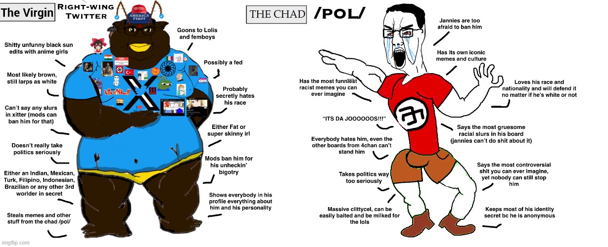 The Virgin right-wing Twitter user vs. The Chad /pol/ user (I don't endorse either by reposting this) | image tagged in virgin vs chad,twitter,fascism | made w/ Imgflip meme maker