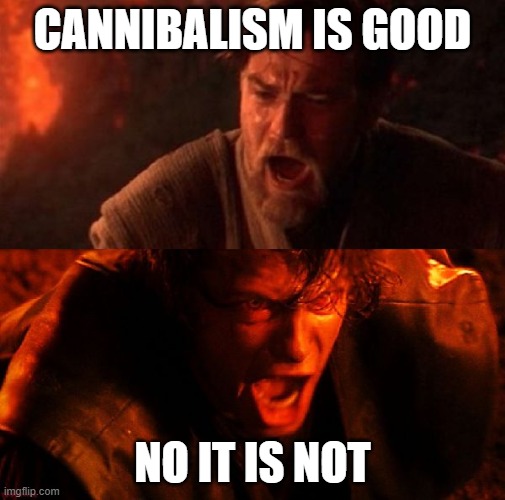 anakin and obi wan | CANNIBALISM IS GOOD; NO IT IS NOT | image tagged in anakin and obi wan | made w/ Imgflip meme maker