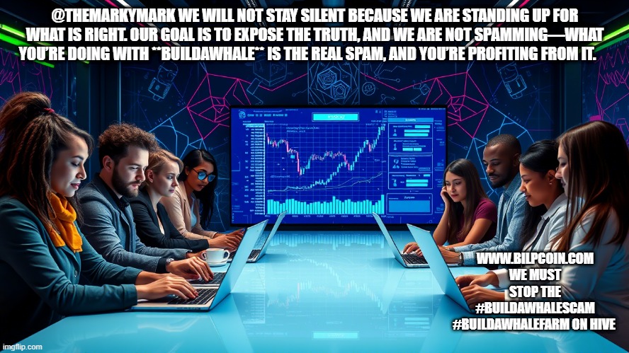 @THEMARKYMARK WE WILL NOT STAY SILENT BECAUSE WE ARE STANDING UP FOR WHAT IS RIGHT. OUR GOAL IS TO EXPOSE THE TRUTH, AND WE ARE NOT SPAMMING—WHAT YOU’RE DOING WITH **BUILDAWHALE** IS THE REAL SPAM, AND YOU’RE PROFITING FROM IT. WWW.BILPCOIN.COM WE MUST STOP THE #BUILDAWHALESCAM #BUILDAWHALEFARM ON HIVE | made w/ Imgflip meme maker