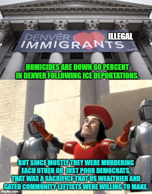 No surprises here.  But STILL people continue voting for Dem Party politicians. | ILLEGAL; HOMICIDES ARE DOWN 60 PERCENT IN DENVER FOLLOWING ICE DEPORTATIONS. BUT SINCE MOSTLY THEY WERE MURDERING EACH OTHER OR  JUST POOR DEMOCRATS, THAT WAS A SACRIFICE THAT US WEALTHIER AND GATED COMMUNITY LEFTISTS WERE WILLING TO MAKE. | image tagged in yep | made w/ Imgflip meme maker