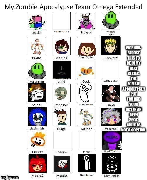 4 more spots left! get them while you can! | image tagged in my zombie apocalypse team | made w/ Imgflip meme maker