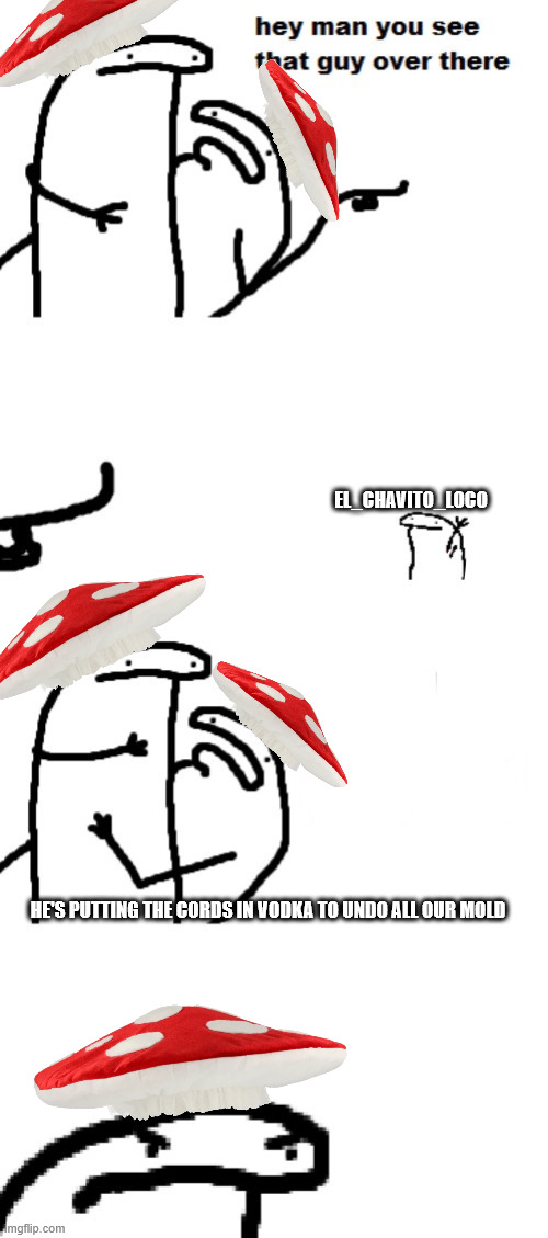 Hey man you see that guy over there | EL_CHAVITO_LOCO; HE'S PUTTING THE CORDS IN VODKA TO UNDO ALL OUR MOLD | image tagged in hey man you see that guy over there | made w/ Imgflip meme maker