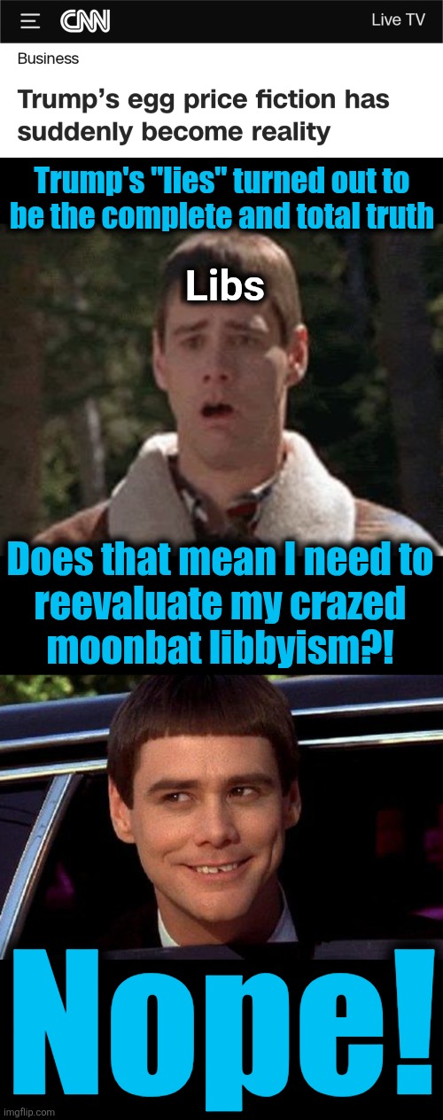 So who's really living in a bubble world? | Trump's "lies" turned out to
be the complete and total truth; Libs; Does that mean I need to
reevaluate my crazed
moonbat libbyism?! Nope! | image tagged in dumb and dumber,memes,democrats,egg prices,trump derangement syndrome,cnn | made w/ Imgflip meme maker