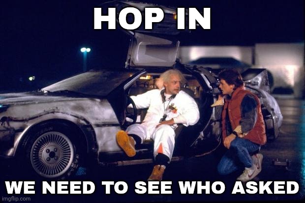 Back to the future | HOP IN; WE NEED TO SEE WHO ASKED | image tagged in back to the future | made w/ Imgflip meme maker