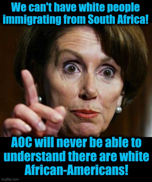 We can't have white people immigrating from South Africa! AOC will never be able to
understand there are white
African-Americans! | image tagged in nancy pelosi no spending problem,aoc,african-americans,democrats,south africa,memes | made w/ Imgflip meme maker