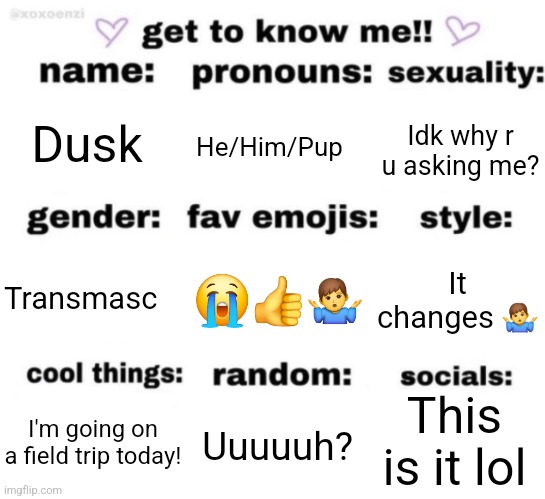 get to know me but better | Dusk; He/Him/Pup; Idk why r u asking me? 😭👍🤷‍♂️; It changes 🤷‍♂️; Transmasc; This is it lol; Uuuuuh? I'm going on a field trip today! | image tagged in get to know me but better | made w/ Imgflip meme maker