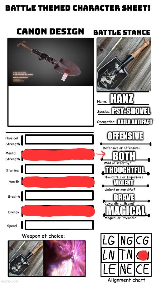 hanz the shovel | HANZ; PSY-SHOVEL; KRIEG ARTIFACT; OFFENSIVE; BOTH; THOUGHTFUL; VIOLENT; BRAVE; MAGICAL | image tagged in battle character template | made w/ Imgflip meme maker