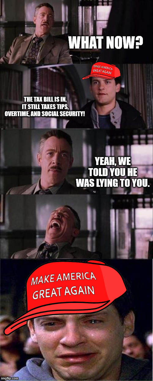 Peter Parker Cry | WHAT NOW? THE TAX BILL IS IN. IT STILL TAXES TIPS, OVERTIME, AND SOCIAL SECURITY! YEAH, WE TOLD YOU HE WAS LYING TO YOU. | image tagged in memes,peter parker cry | made w/ Imgflip meme maker