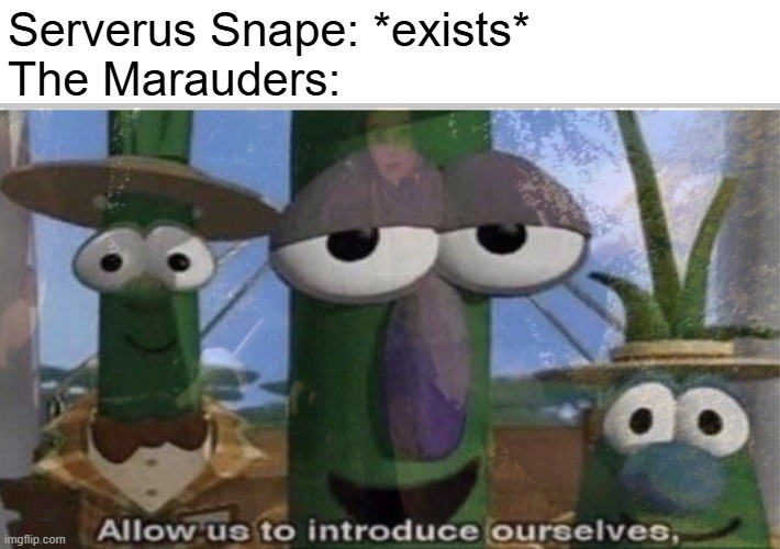 One of them was basically the reason why Snape hated Harry | Serverus Snape: *exists*
The Marauders: | image tagged in veggietales 'allow us to introduce ourselfs',funny,memes,harry potter,severus snape,bullies | made w/ Imgflip meme maker