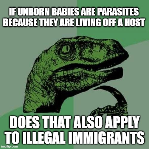 it's only fair | IF UNBORN BABIES ARE PARASITES BECAUSE THEY ARE LIVING OFF A HOST; DOES THAT ALSO APPLY TO ILLEGAL IMMIGRANTS | image tagged in memes,philosoraptor,illegal immigration,pro life | made w/ Imgflip meme maker