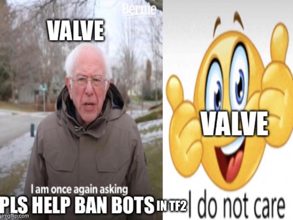 Valve will never FULLY ban bots in TF2 | IN TF2 | image tagged in bernie i am once again asking for your support,valve,team fortress 2,emotional damage,gaming | made w/ Imgflip meme maker