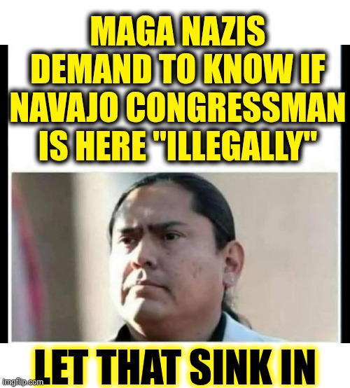 Let That Racism Sink In | MAGA NAZIS DEMAND TO KNOW IF NAVAJO CONGRESSMAN IS HERE "ILLEGALLY"; LET THAT SINK IN | image tagged in memes,maga,lies,trump is a convicted rapist,trump is a convicted felon,racism | made w/ Imgflip meme maker