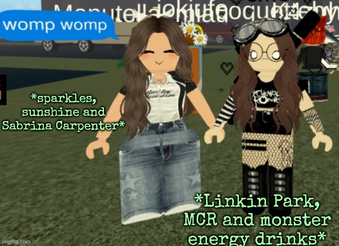 First there's my sister and then there's me | *sparkles, sunshine and Sabrina Carpenter*; *Linkin Park, MCR and monster energy drinks* | made w/ Imgflip meme maker