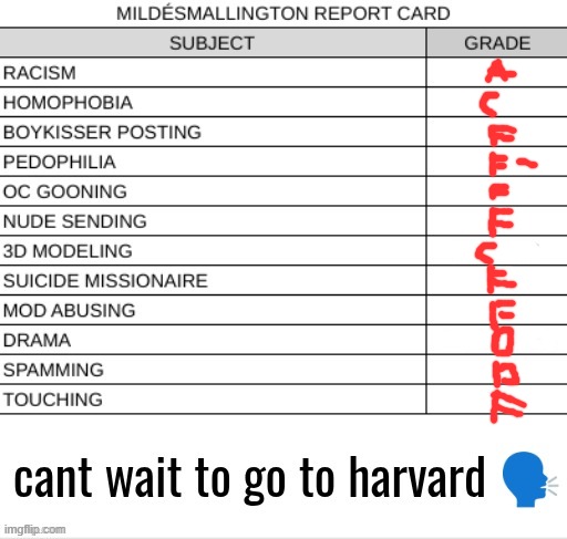 i cooked with racism | image tagged in report card blank | made w/ Imgflip meme maker