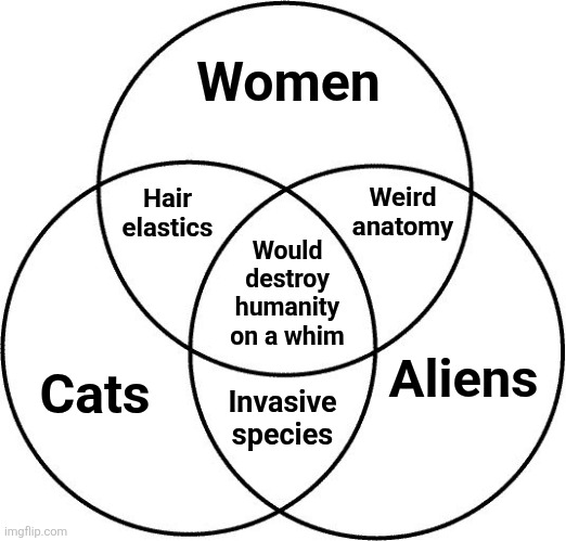 Let's not make ANY OF THEM mad at us | Women; Weird
anatomy; Hair
elastics; Would
destroy
humanity
on a whim; Cats; Aliens; Invasive
species | image tagged in venn diagram,women,cats,aliens,memes,danger | made w/ Imgflip meme maker
