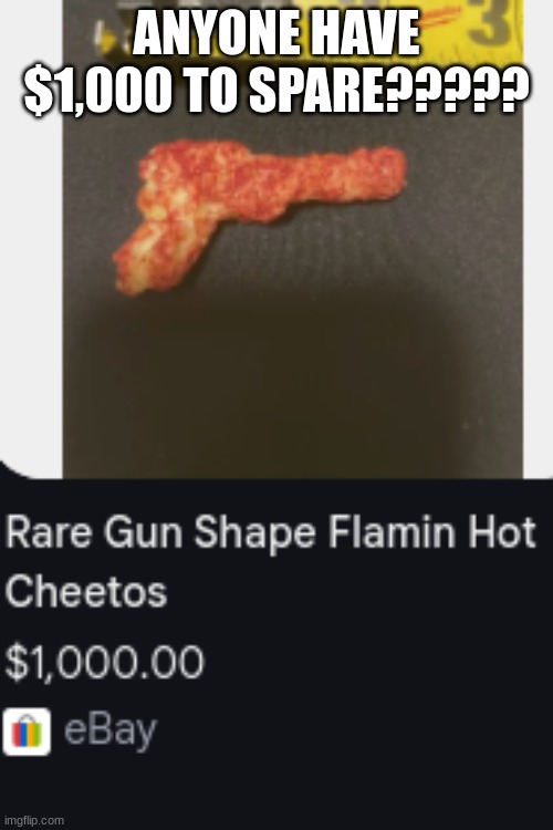 Cheeto gun | ANYONE HAVE $1,000 TO SPARE????? | image tagged in cheeto gun | made w/ Imgflip meme maker