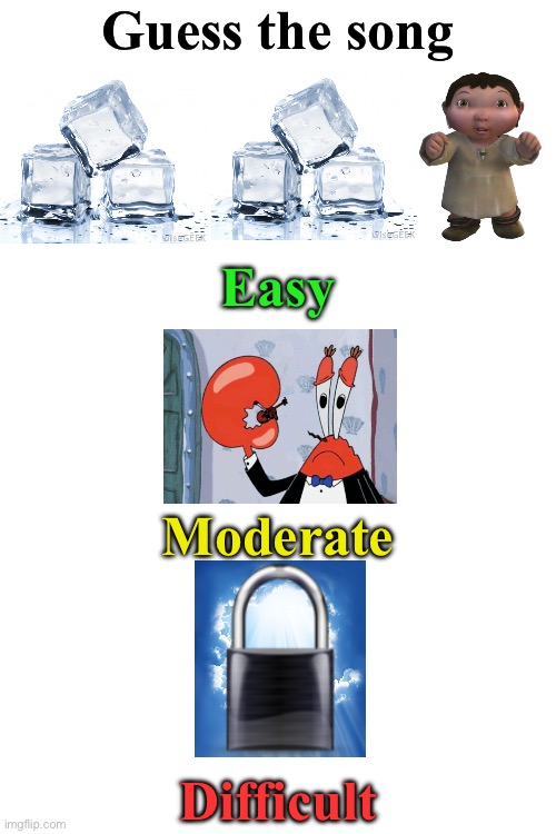 Blank White Template | Guess the song; Easy; Moderate; Difficult | image tagged in blank white template | made w/ Imgflip meme maker