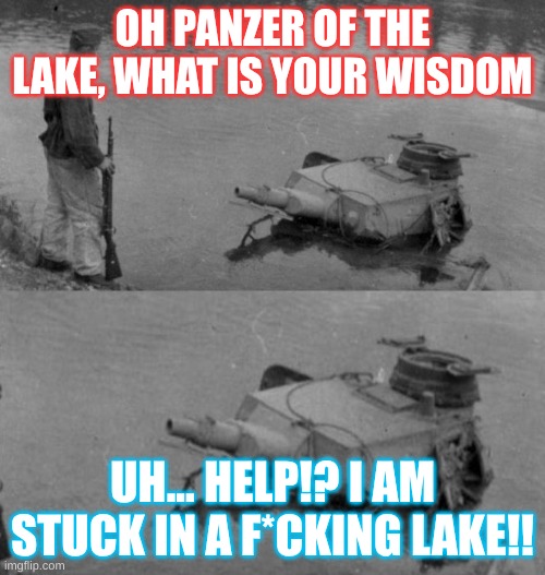 Panzer of the lake | OH PANZER OF THE LAKE, WHAT IS YOUR WISDOM; UH... HELP!? I AM STUCK IN A F*CKING LAKE!! | image tagged in panzer of the lake | made w/ Imgflip meme maker