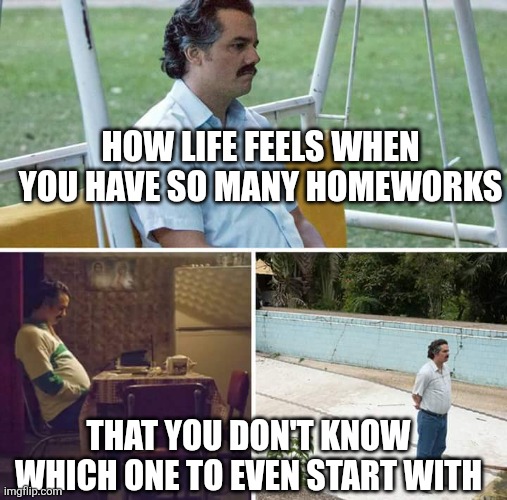 Sad Pablo Escobar | HOW LIFE FEELS WHEN YOU HAVE SO MANY HOMEWORKS; THAT YOU DON'T KNOW WHICH ONE TO EVEN START WITH | image tagged in memes,sad pablo escobar | made w/ Imgflip meme maker