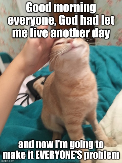 I jammed my thumb into my eye last night, that hurt :3 | Good morning everyone, God had let me live another day; and now i'm going to make it EVERYONE'S problem | image tagged in cat pat | made w/ Imgflip meme maker