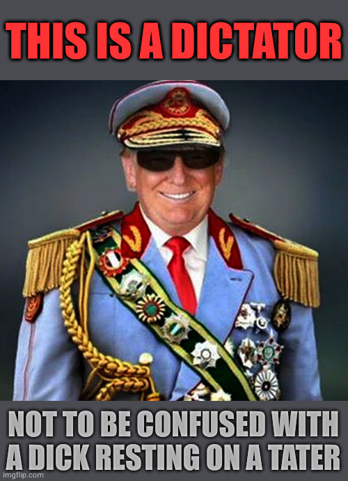 Generalissimo Caudillo Dictator Trump | THIS IS A DICTATOR NOT TO BE CONFUSED WITH A DICK RESTING ON A TATER | image tagged in generalissimo caudillo dictator trump | made w/ Imgflip meme maker