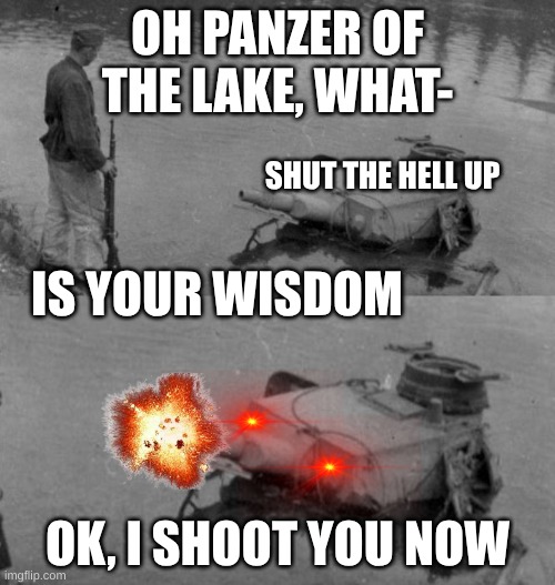 Panzer of the lake | OH PANZER OF THE LAKE, WHAT-; SHUT THE HELL UP; IS YOUR WISDOM; OK, I SHOOT YOU NOW | image tagged in panzer of the lake | made w/ Imgflip meme maker