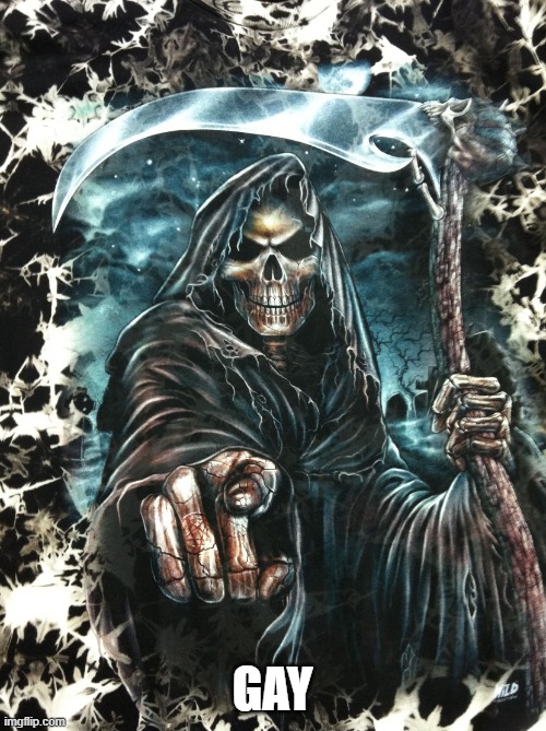 Edgy grim reaper | GAY | image tagged in edgy grim reaper | made w/ Imgflip meme maker