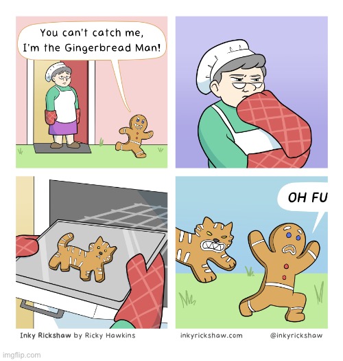 image tagged in comics,gingerbread man,tiger,revenge | made w/ Imgflip meme maker