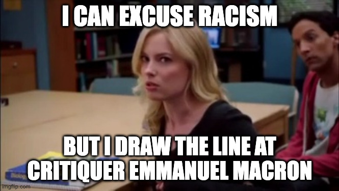 I can excuse racism but I draw the line at animal cruelty | I CAN EXCUSE RACISM; BUT I DRAW THE LINE AT CRITIQUER EMMANUEL MACRON | image tagged in i can excuse racism but i draw the line at animal cruelty | made w/ Imgflip meme maker