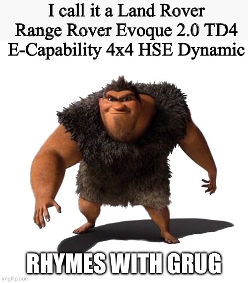 Grug | I call it a Land Rover Range Rover Evoque 2.0 TD4 E-Capability 4x4 HSE Dynamic; RHYMES WITH GRUG | image tagged in grug | made w/ Imgflip meme maker