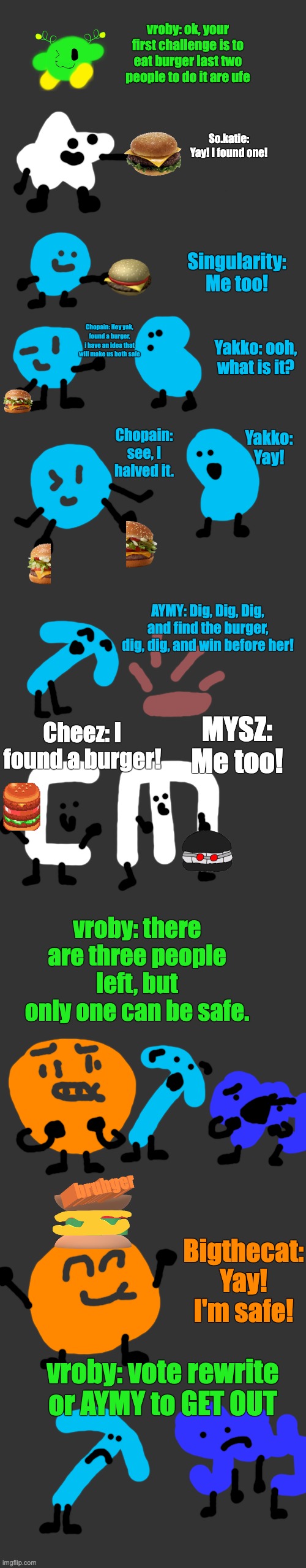 Battle for Moderator Status 1: hamuborger | vroby: ok, your first challenge is to eat burger last two people to do it are ufe; So.katie: Yay! I found one! Singularity: Me too! Chopain: Hey yak, found a burger, i have an idea that will make us both safe; Yakko: ooh, what is it? Yakko: Yay! Chopain: see, I halved it. AYMY: Dig, Dig, Dig, and find the burger, dig, dig, and win before her! Cheez: I found a burger! MYSZ: Me too! vroby: there are three people left, but only one can be safe. Bigthecat: Yay! I'm safe! vroby: vote rewrite or AYMY to GET OUT | image tagged in blank dark mode square | made w/ Imgflip meme maker