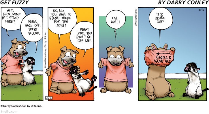 image tagged in comics,get fuzzy,cat and dog,im with stupid shirt | made w/ Imgflip meme maker